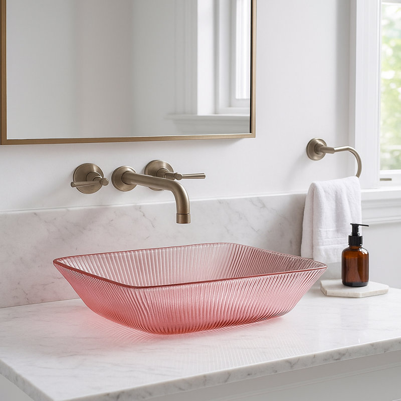 Lavabo de salle de bain rectangulaire en verre 18 po Charlie - Collection Modern Style, Rose rouge