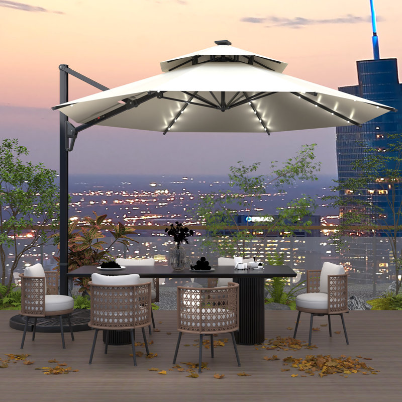 10FT Cantilever Umbrella with Lights, Solution-Dyed Fabric-White, White