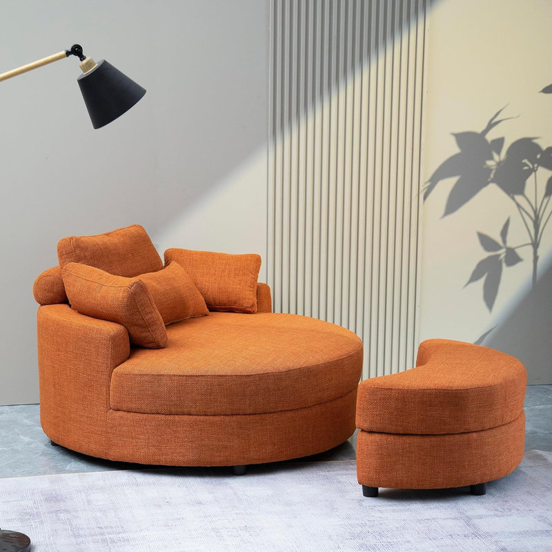 Orange Modern Curved Upholstered Sofa With Ottoman, Comfy Accent Chair Set For Living Room, Orange