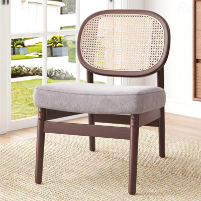 Rattan Accent Chair, Fabric Upholstered Living Room Chair With Rattan Back & Wood Frame, Mid-Century Modern Style Reading Style Accent For Cozy Living