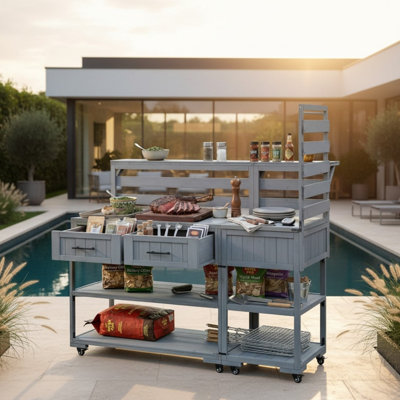 Outdoor Kitchen Island Cart, Food Prep & Grill Station, Solid Wood, Stainless Steel Top, Modern Farmhouse, Patio