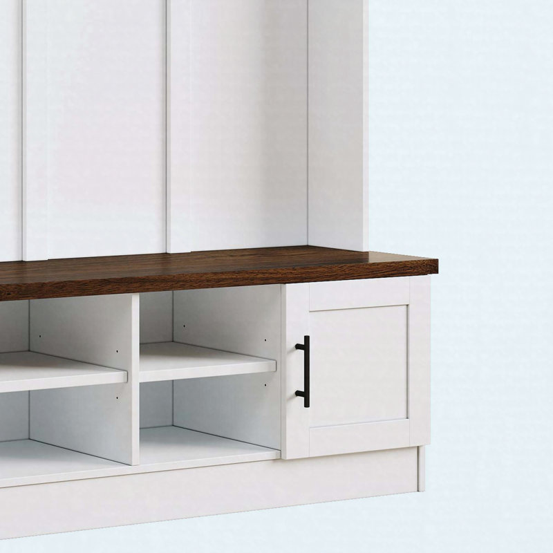 55" Farmhouse Hall Tree with Storage Bench, Adjustable Shelves & 6 Hooks, White, White/Deep Walnut