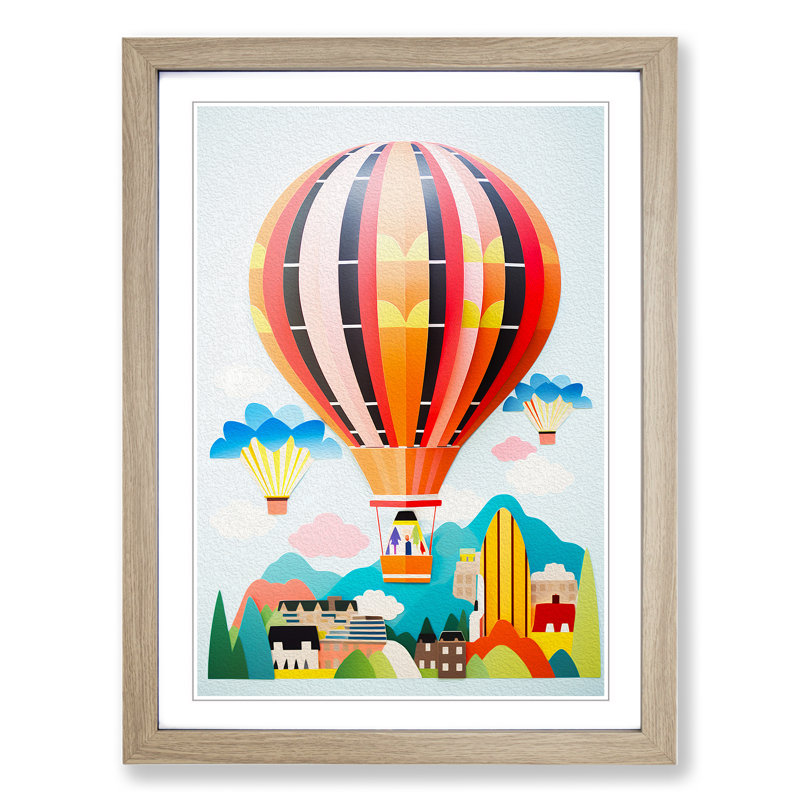 Hot Air Balloon Constructivism - Single Picture Frame Print on Wood, Oak, 64cm H x 46cm W x 2cm D