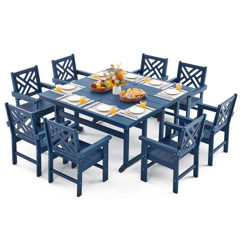 Ensemble de salle à manger 10 pièces Hdpe pour 8 personnes avec 2 tables, Bleu