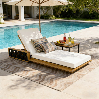Schnitzer Patio Acacia Wood Chaise Lounge With Adjustable Backrest & 3-Fold Cushion (Table Not Included)