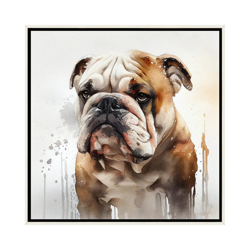 Aquarelle, bouledogue britannique, Toile encadrée flottante blanc vieilli, H 18 po x l 18 po x P 1,5 po