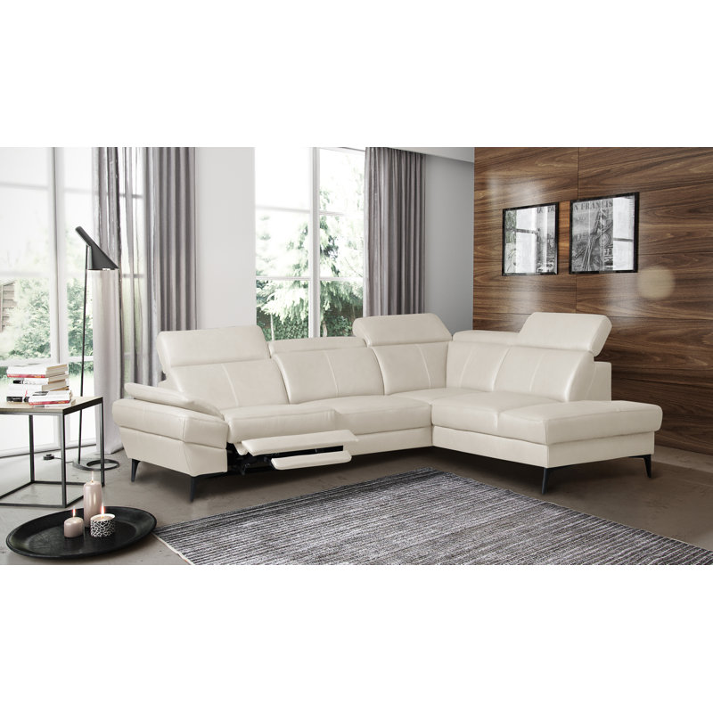 Genuine Leather Reclining Corner Sofa with Adjustable Headrests and Adjustable Armrest and Storage, Cream, Right Hand Facing