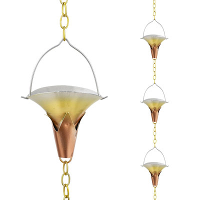 Chaîne de pluie de 8,5 pi, chaîne de gouttière en métal avec 10 tasses en forme de gloire du matin, chaîne de collecte d'eau de pluie réglable en métal
