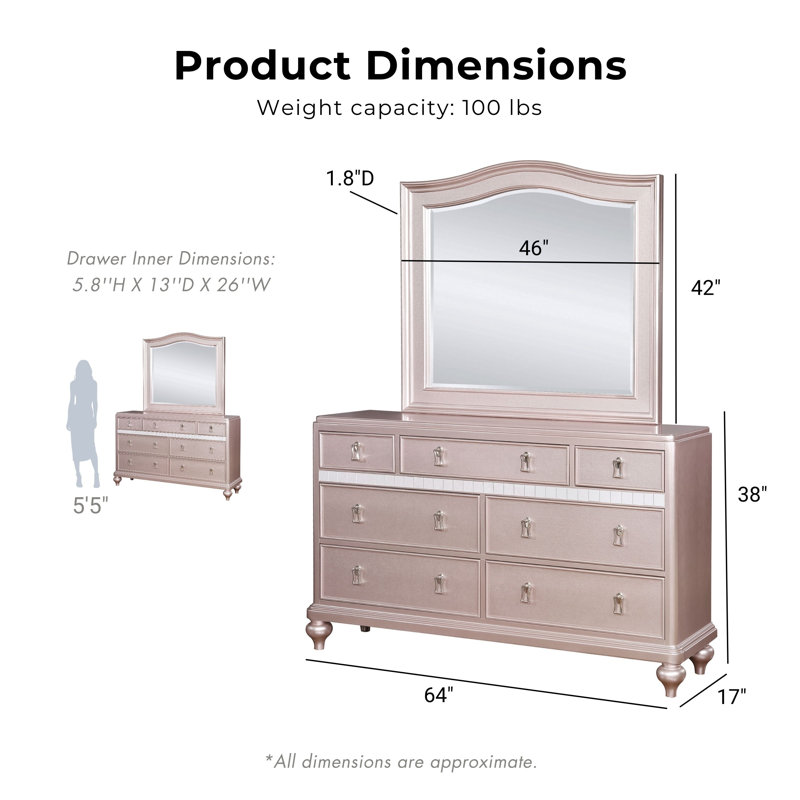 Commode double à 7 tiroirs avec miroir Annistyn, Or rose