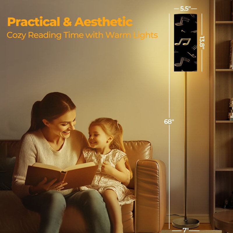  68.5" Standing Floor Lamp Music notes seamless black music notes Musical for textile web music Dimmable Metal Pole Lamp with Linen Lampshade LED Bulb Included