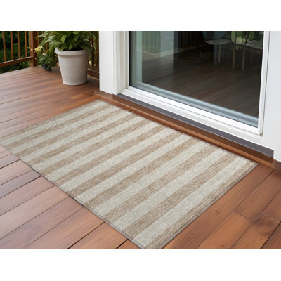 2' X 3' Beige Striped Washable Non Skid Indoor Outdoor Area Rug