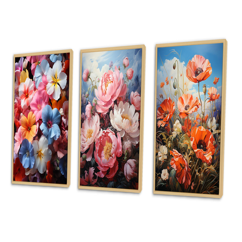 «Meadow Prairie Primrose», 3 pièces sur toile, Encadré naturel, H 32 po x l 48 po