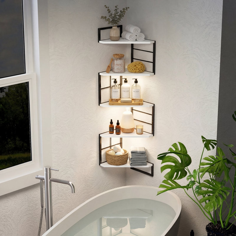 Tablettes d'angle flottantes avec lumière - étagère d'angle en métal à 5 niveaux fixée au mur pour le salon, la cuisine et le bureau, tablettes murales d'angle faciles à assembler, brun