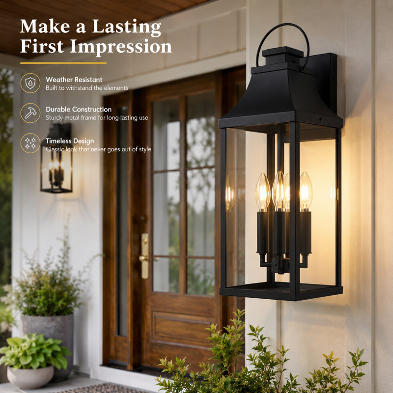 4-light Outdoor Wall Light With Matte-black Lantern & Clear Glass, 23 Inch