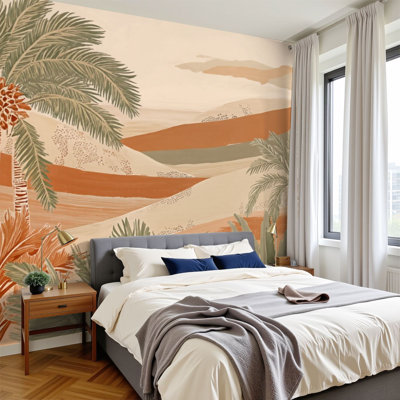 Coastal Peel and Stick Wallpaper Desert Landscape Palm Trees Warm Earth Tones Wall Murals 100"H x 144"W Removable PVC Wall Paper Self-Adhesive Wall Decor for Bedroom Living Room Bathroom