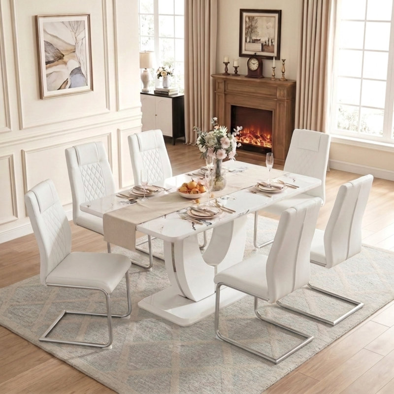 Ensemble de salle à manger Jeanlouis, 7 pièces : table, 6 chaises, Blanc, Argent