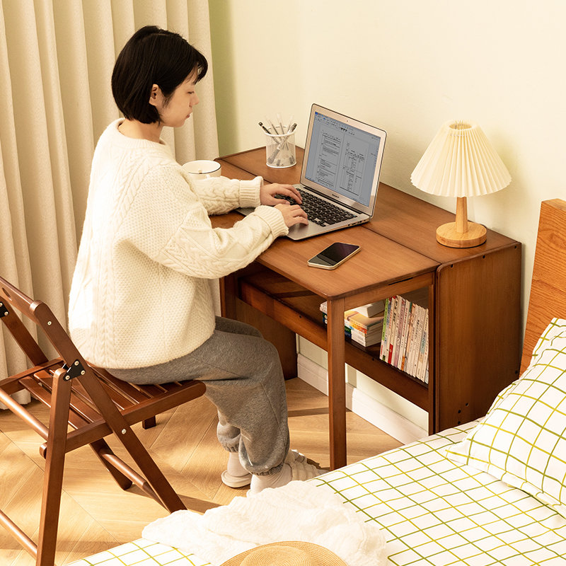 Space-Saving Bamboo Folding Desk with Storage Shelf, Foldable Study Table for Small Spaces, Home Office, Dorm Room, Multi-Functional Computer Desk, Brown