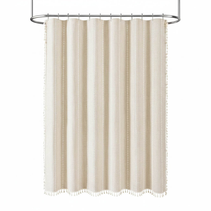 Boho Farmhouse Tassel Shower Curtain, Beige