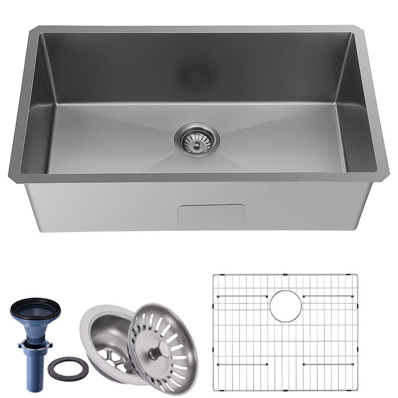 Frogink 30 inch Udermount Handmade 18 Gauge Single Bowl Stainless Steel Kitchen Sink with Accessories.30"L x 18"W x 10"D(Black)