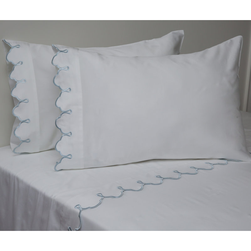 Scalloped 100% Cotton Standard Sheet Set, King Sheet Set, Light Blue