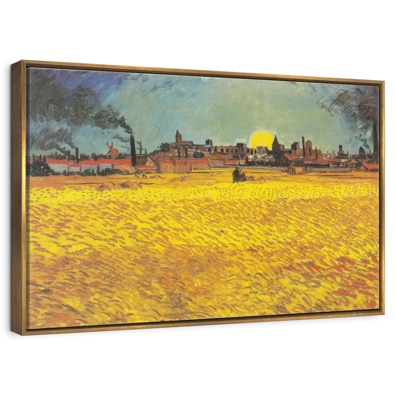 Champ de blé au coucher du soleil, Cadre flottant doré, 31 po x 21 po