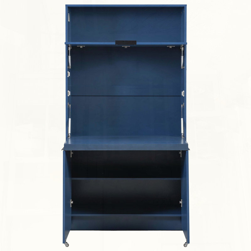 Buffet de cuisine compact avec poste de travail pliable et prise de courant, bleu foncé, Blue
