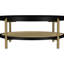 Table basse ronde avec finition noire, tablette de rangement et bois exotique asiatique pour l'aménagement des espaces de vie. Conception double naturelle et pratique.