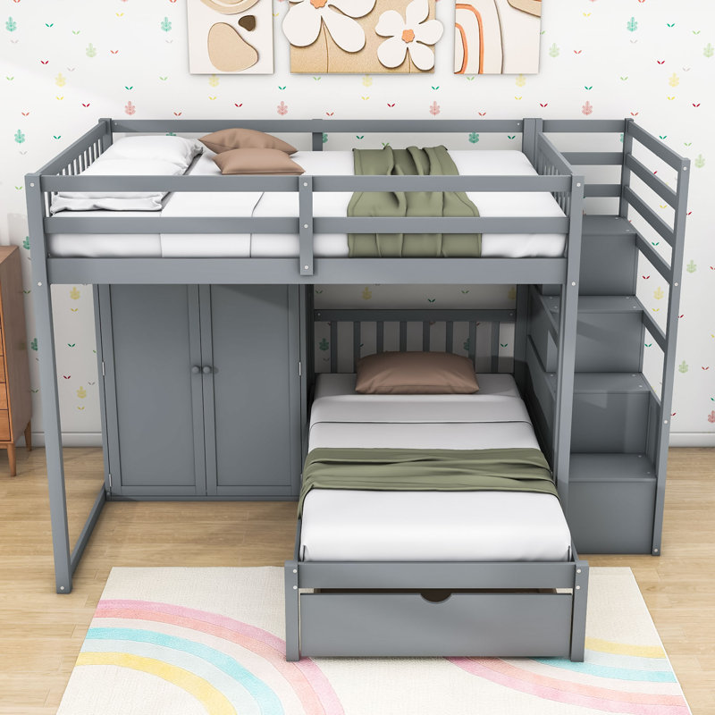 Full Over Twin Wood 5 Drawer Bunk Bed With Storage Staircase And Wardrobe, Gray