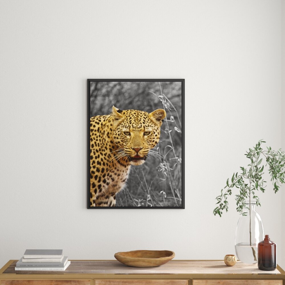 Gerahmtes Wandbild Leopard beobachtet Umgebung