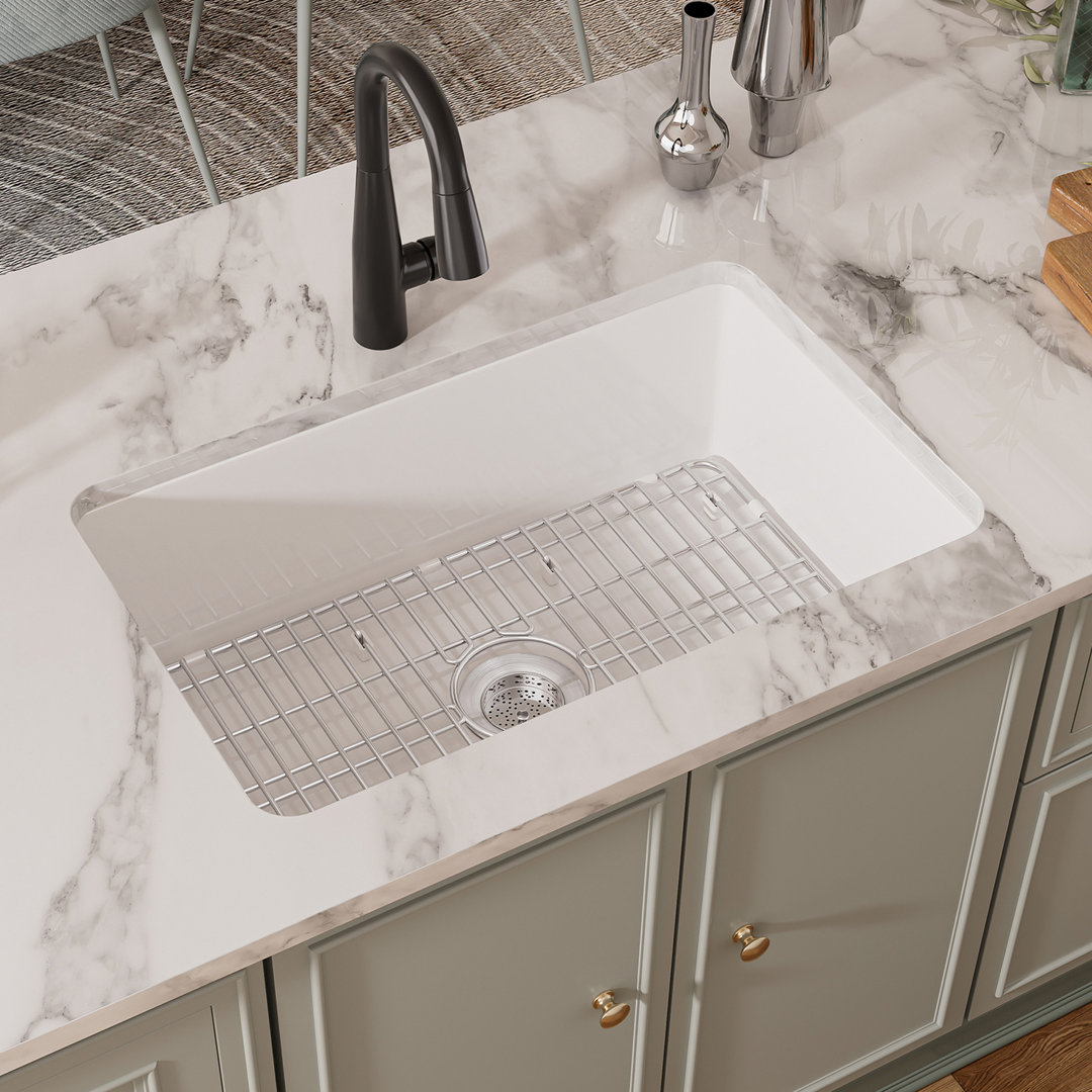 Oslo White Single Bowl Fireclay Undermount Kitchen Sink with Basket Strainer and Bottom Grid Eridanus 