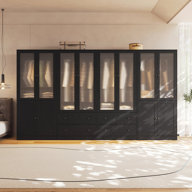 Armoire moderne 20 po x l 126 po x H 71 po avec portes à fermeture douce - garde-robe en verre cannelé avec tablettes et tiroirs