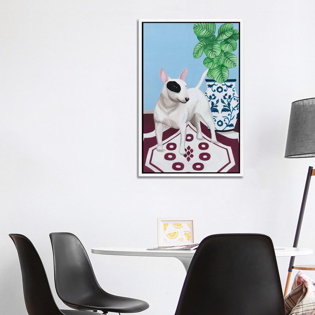 English Bull Terrier With Plant von Sally B - Floater Frame Gallery-Wrapped Canvas Giclée on Canvas