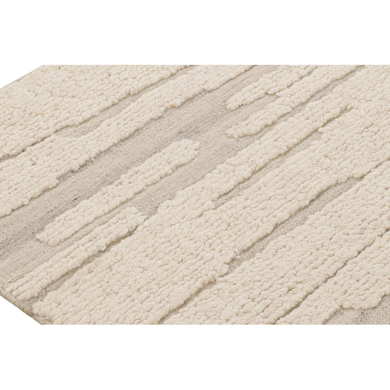 Wool Abstract Area Rug in White, Rectangle 5' x 7'