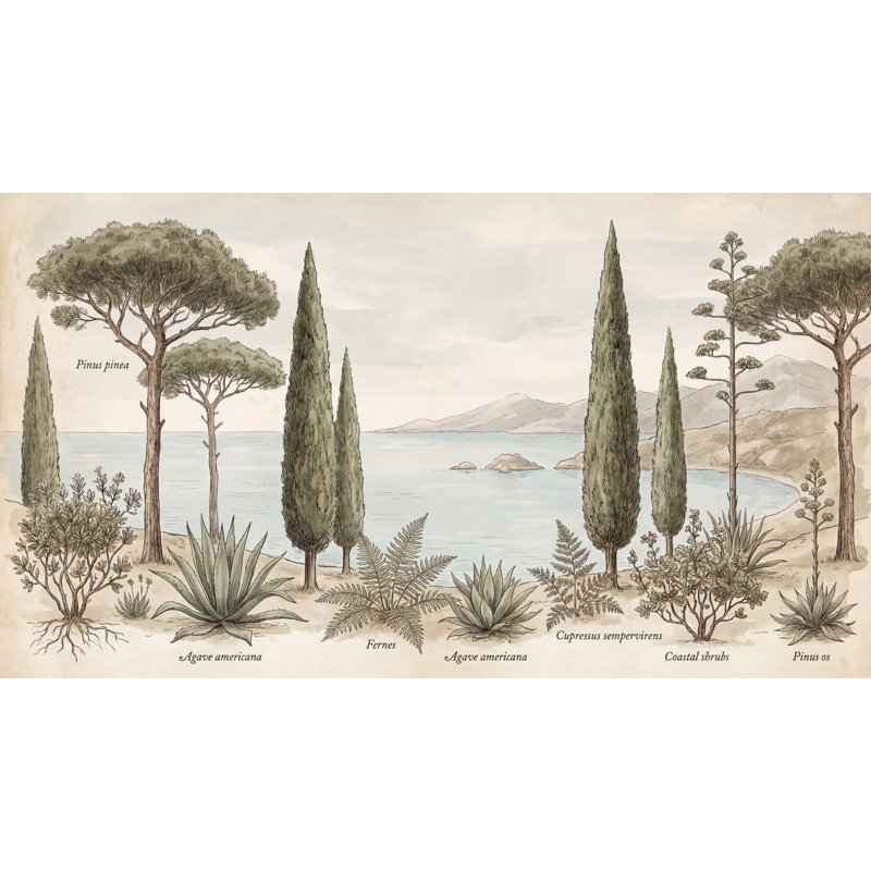 Papier peint côte méditerranéenne Illustration botanique vintage sur plaque botanique, 160 po x 108 po, Non tissé