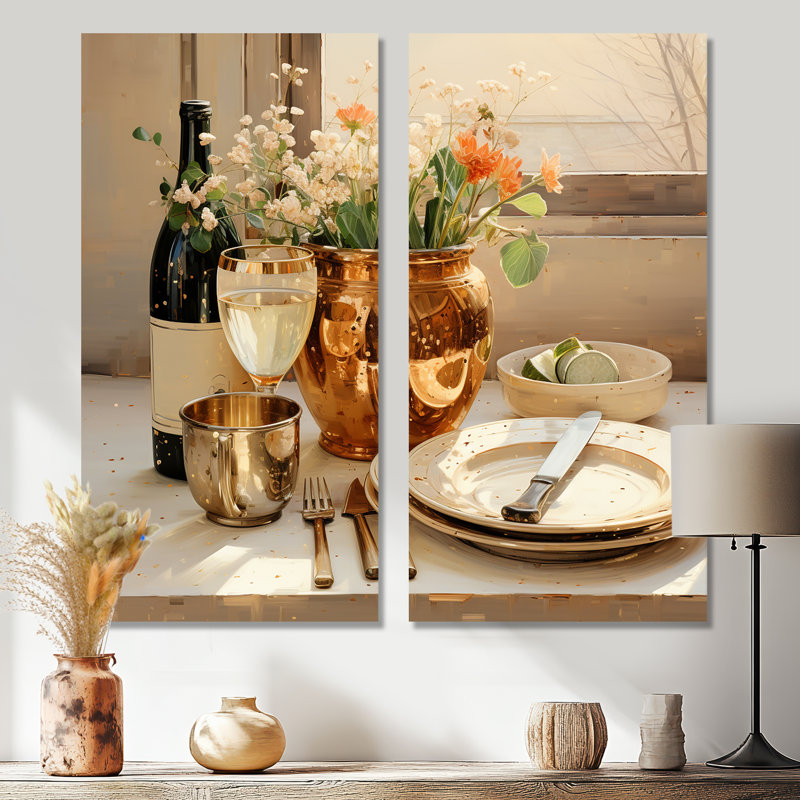 «Beige Wine Essence Kitchen», ensemble de 2 pièces d'art mural sur toile, 20" H x 24" W, Wrapped Canvas, Does Not Apply