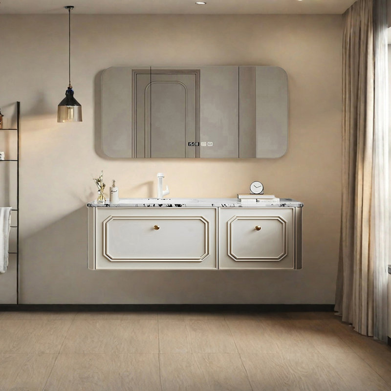 Armoire de salle de bain style français, H 19,68 po x l 62,99 po x P 21,65 po, Blanc cassé / blanc