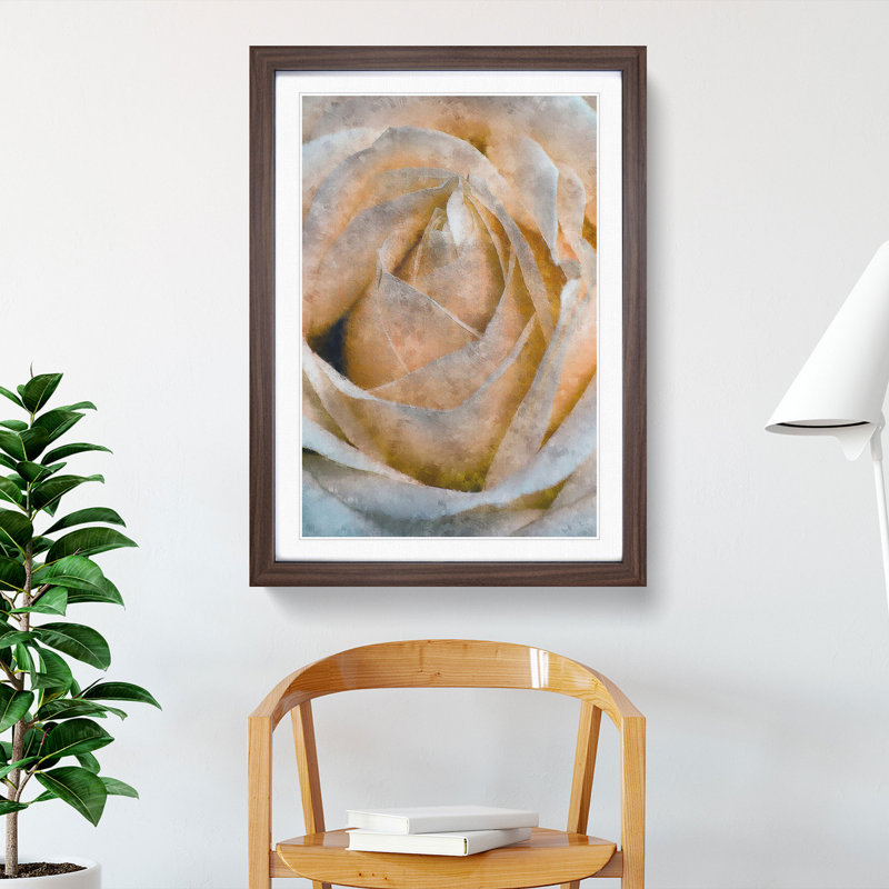 A Peach Yellow Rose - Picture Frame Painting Print, 63cm H x 45cm W x 2cm D, Walnut Framed