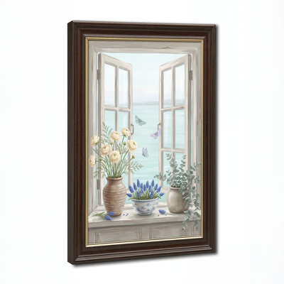 Art mural antique sur toile encadré doré pour le salon, la chambre à coucher, le bureau ou le vestibule - Décoration murale décorative avec jardin fenêtre