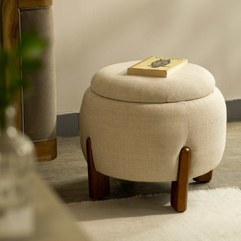 Ottoman | Upholstered Round Ottoman | 19.6X19.6X16.9" | Off White Fabric with Mango Wood Legs