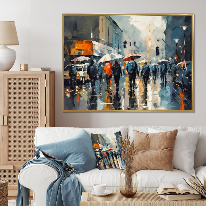 "Blue and Gray Reflections Of A Rainy Day", reproduction d'art sur toile, H 24 po x l 32 po x P 1 po, Cadre flottant doré