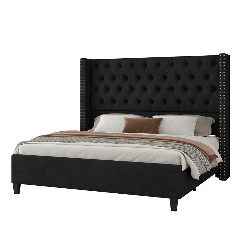 Black Velvet Queen Bed Frame with Tufted Upholstered Headboard