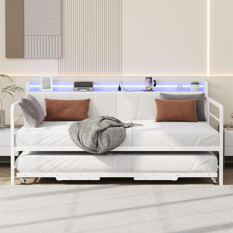 Daybed with Trundle & LED Lights, Metal Frame Linen Headboard & Charging Station, White