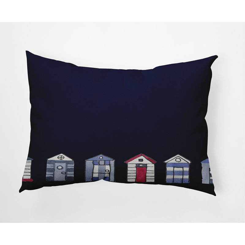 Beach Huts Reversible Throw Pillow, Navy Blue