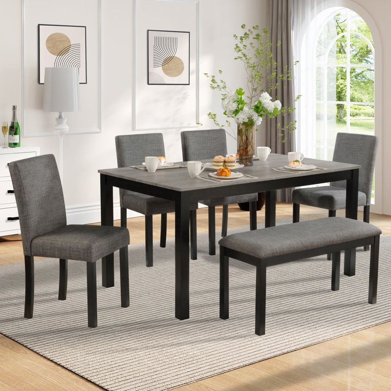 Ensemble de table de salle à manger 6 pièces avec banc et chaises, ensemble de table de salle à manger pour 6 personnes avec banc, ensemble de table de salle à manger en bois pour cuisine, salle à manger, gris clair et noir deux tons