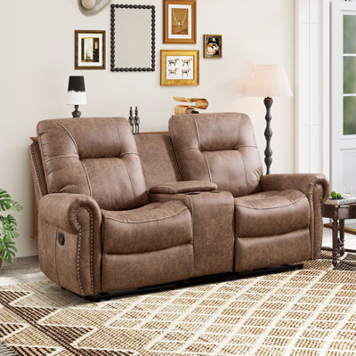 76.77'' Wide Classic Microfiber Upholstered Manual Reclining Loveseat With Center Console And Nailhead Trim