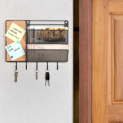 Wall Mail Organiser with Wall Baskets, Key Hooks and Cork Board