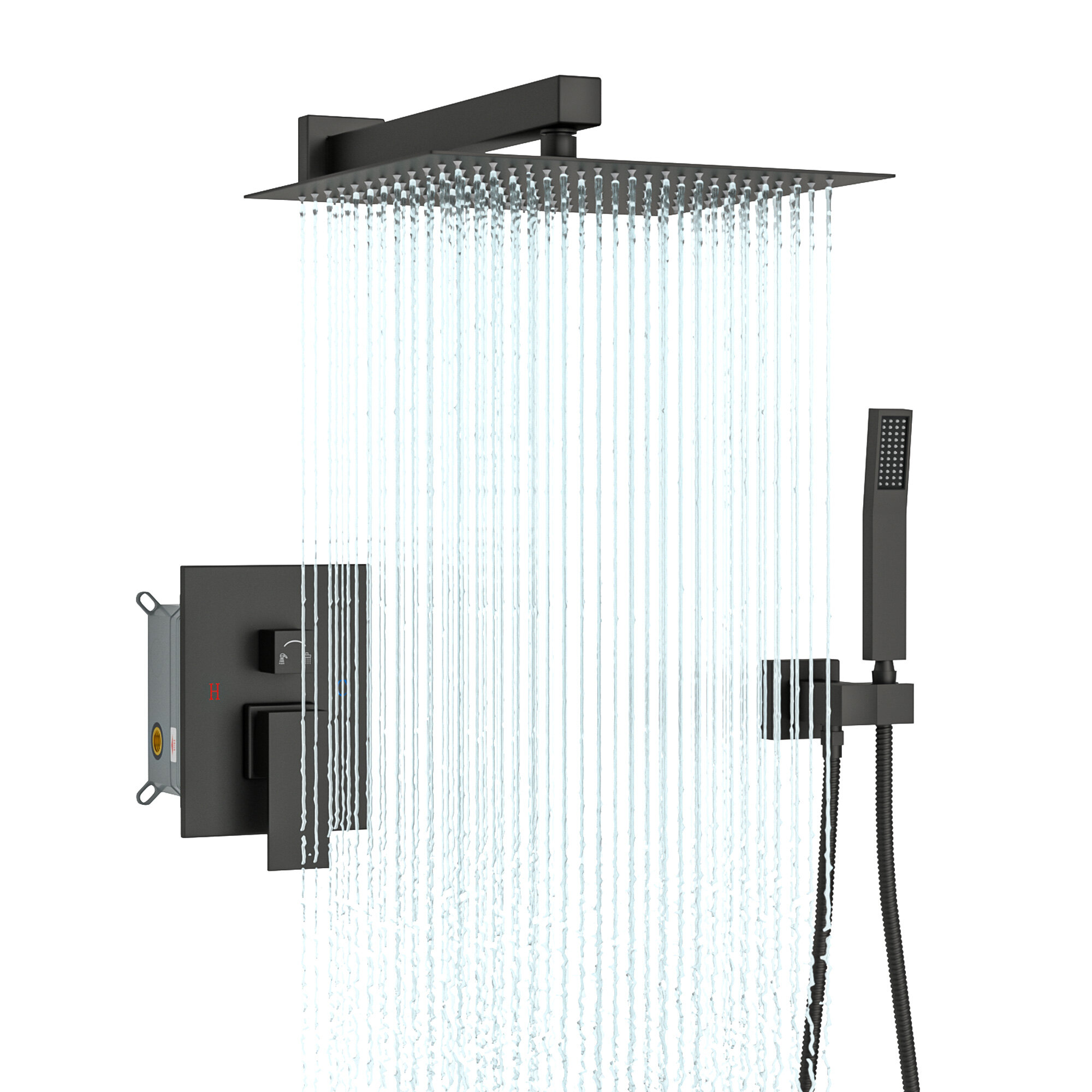 Bravat Matte Black Wall Mounted Square Shower Set With Valve Mixer 3-Way  Concealed