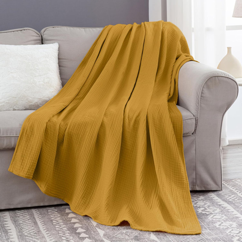 Airy Lightweight 4 Layer Cotton Muslin Blanket, Mustard Yellow, Queen