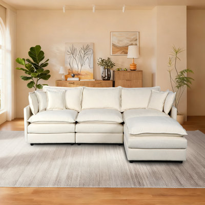 106.5" L-Shaped Modular Sectional Sofa, 3-Seater Cloud Couch with Chenille Upholstery, Lumbar Pillows & Movable Ottoman for Living Room