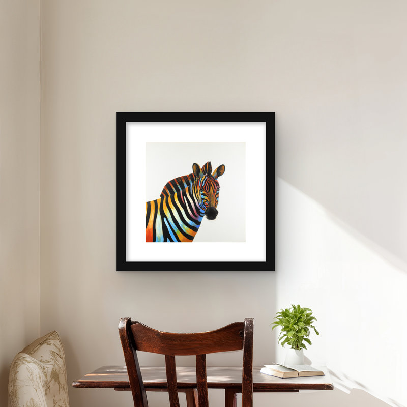 Vue de profil de zèbre coloré - impression encadrée avec passe-partout, Black, H 16 po x l 16 po
